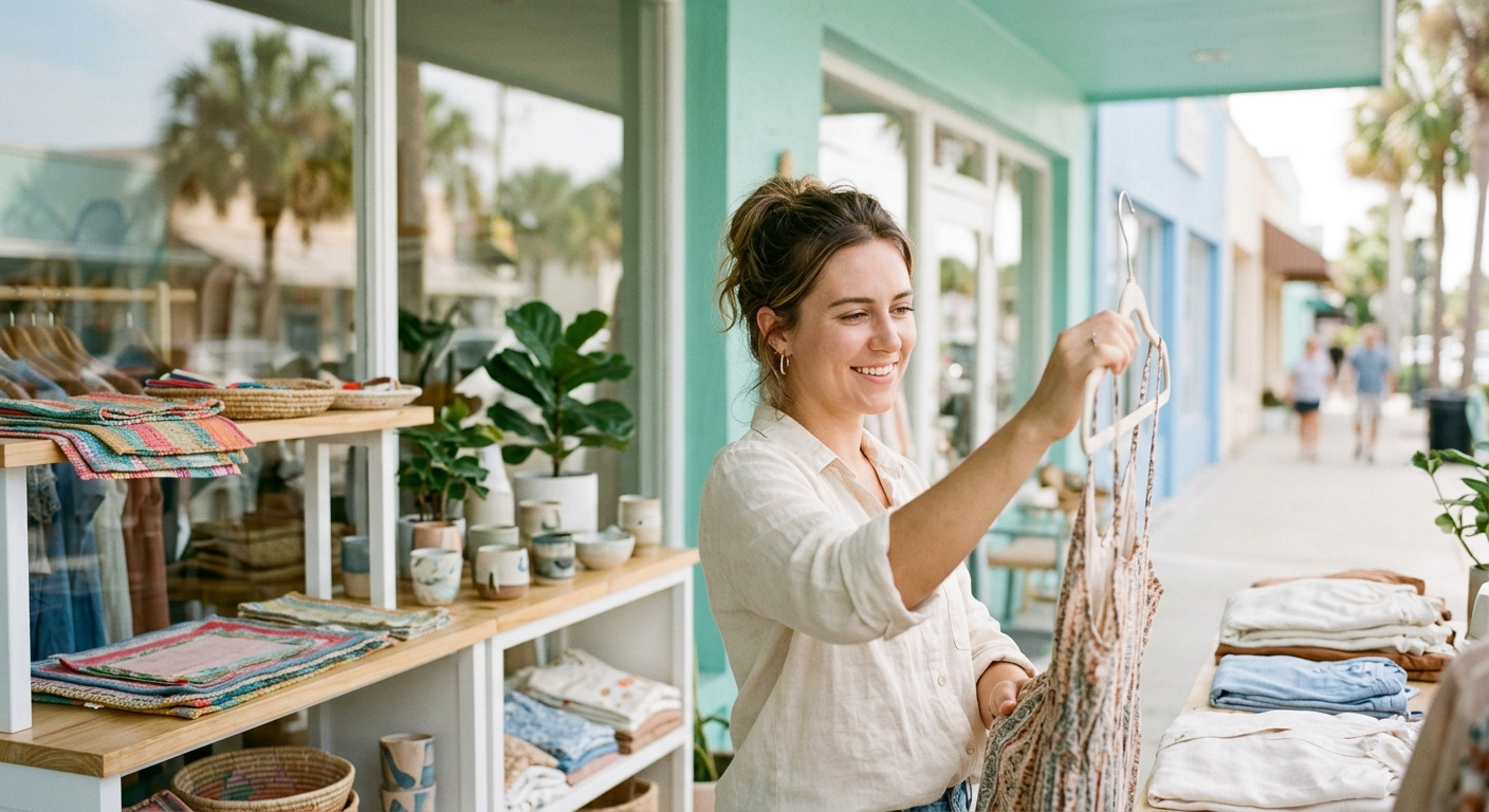 A boutique owner arranging a bright window display of folded textiles and ceramics