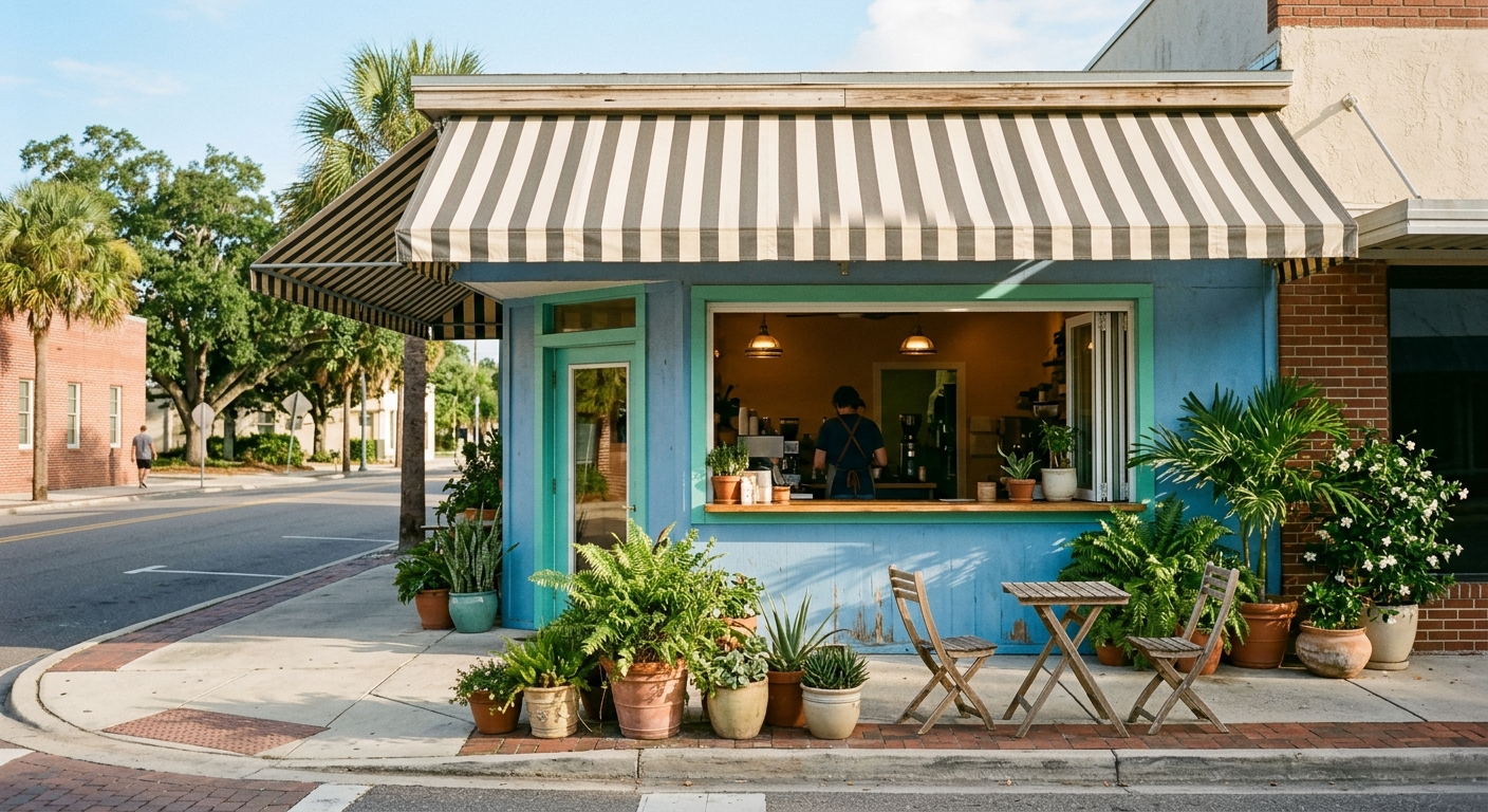 A small blue corner coffee-counter storefront under a striped awning in warm morning light