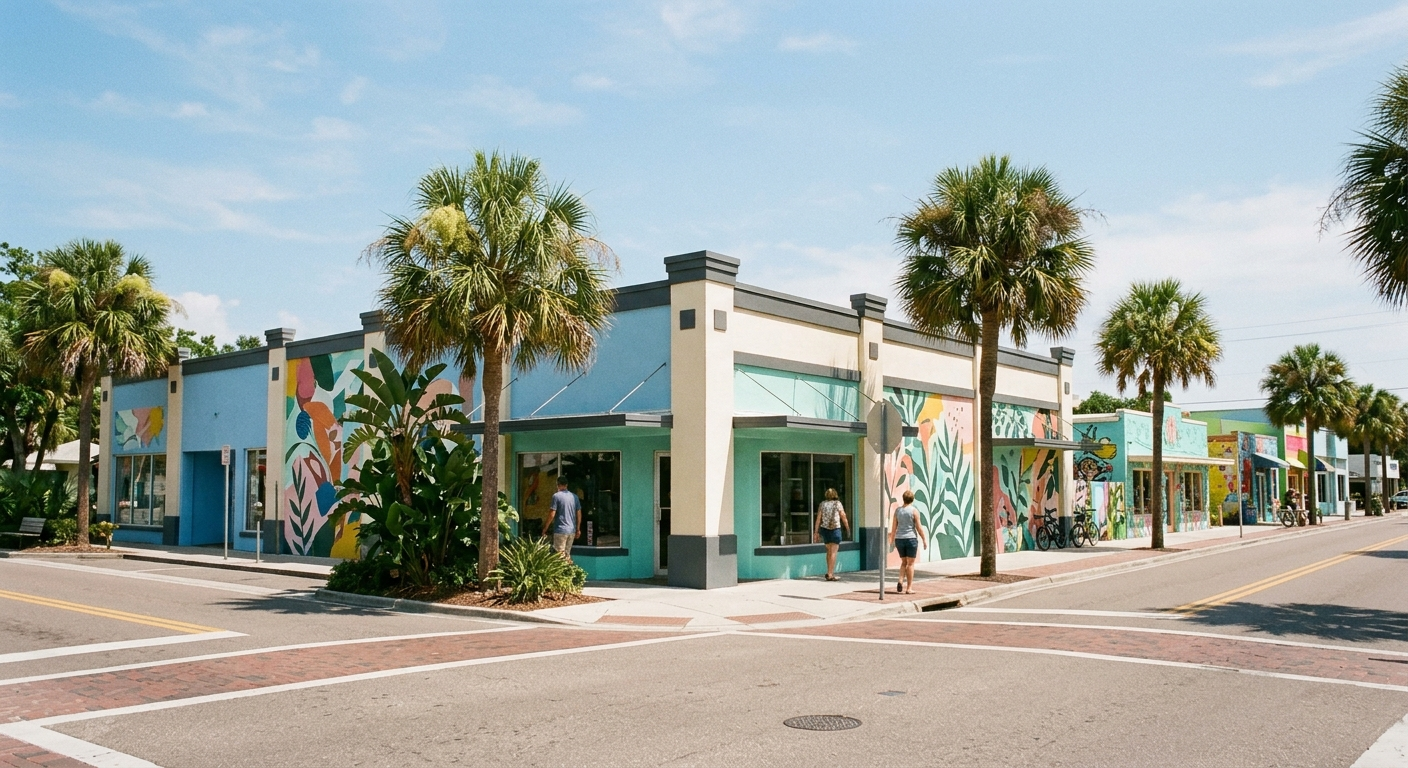 Brightly muraled low buildings at a Gulf Coast arts-district street corner