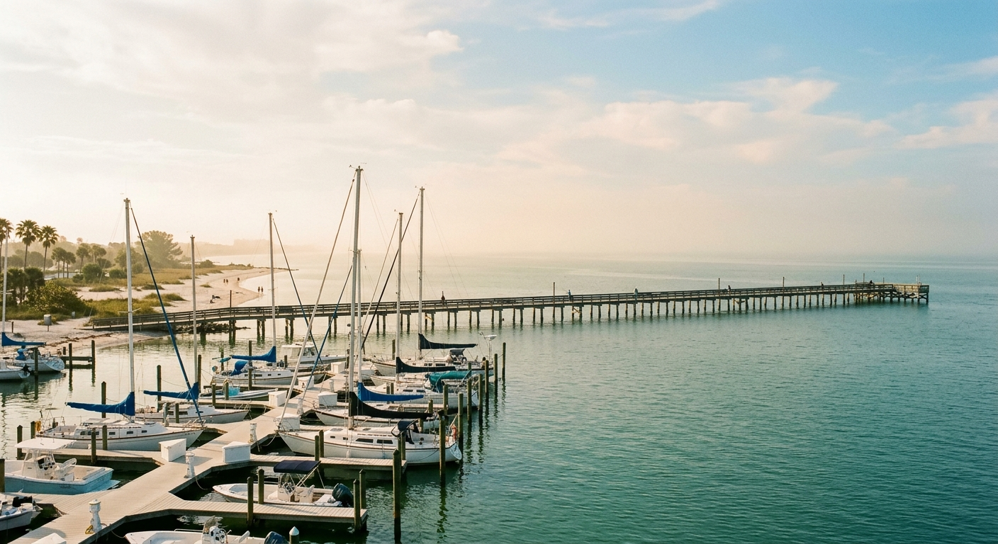A fishing pier stretching into hazy Gulf Coast morning water beside a marina