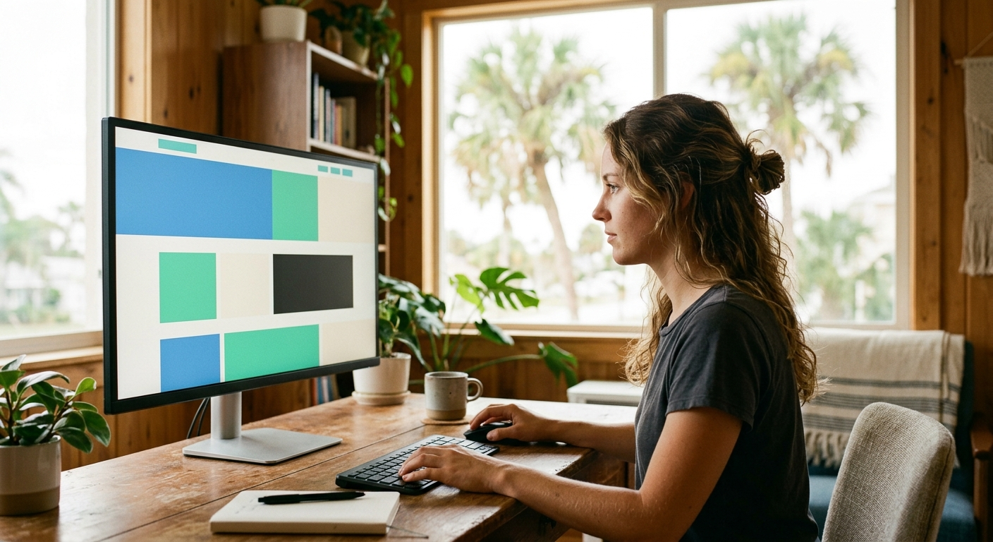 A designer adjusting a website layout on a large monitor in a bright studio