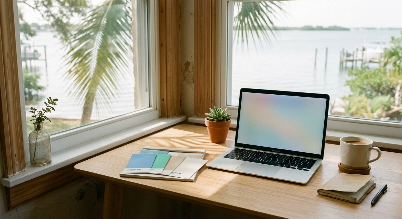 A clean studio desk with color swatches, coffee, and a notebook beside a bay-view window