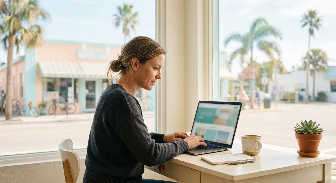 A creative professional typing at a laptop beside a studio window showing a pastel storefront and palms