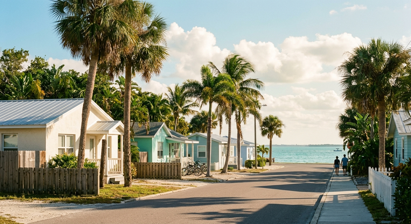 A quiet palm-lined residential side street meeting the bay in a small Florida town