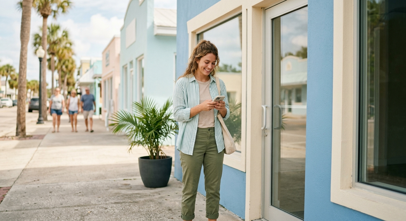 A young business owner smiling while checking their phone outside a blue storefront