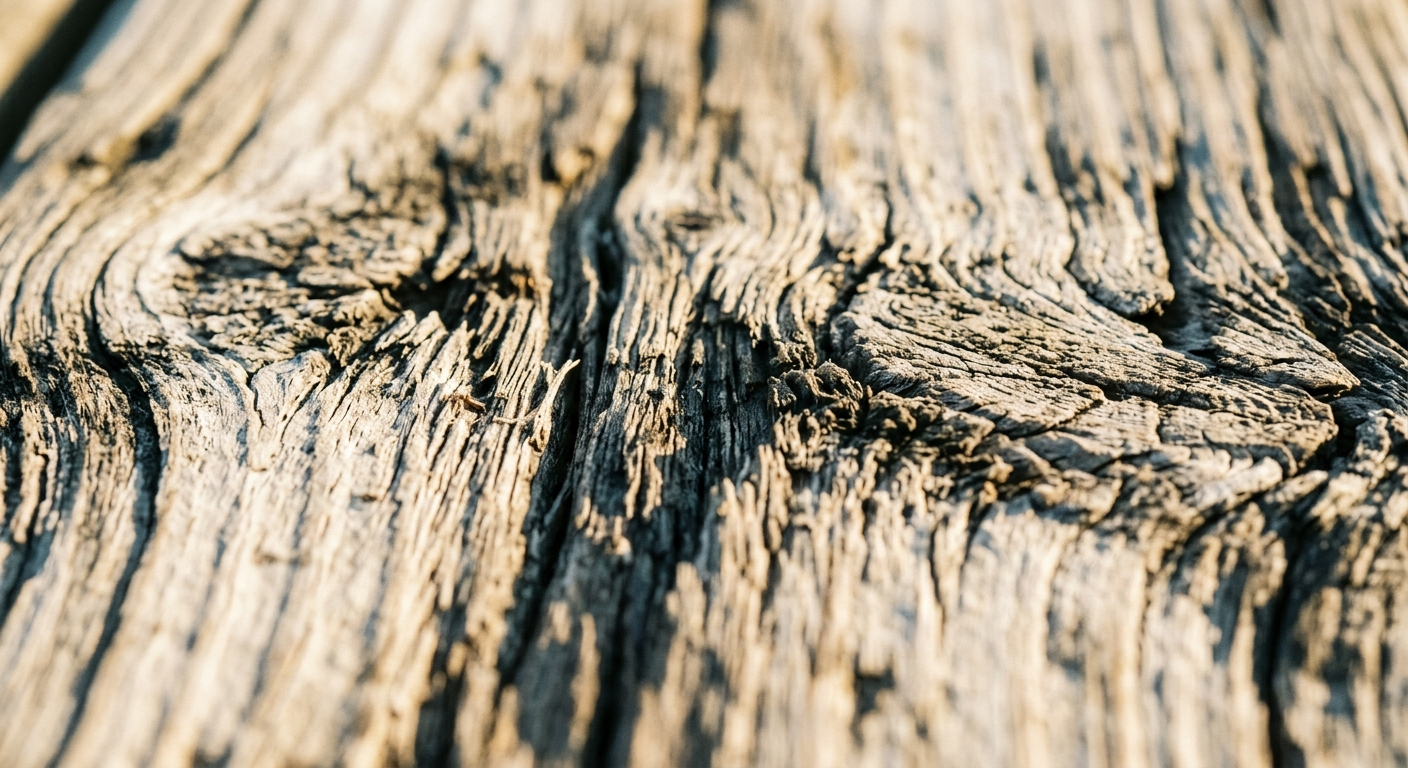 Close texture of weathered, salt-worn dock wood planks in warm sunlight