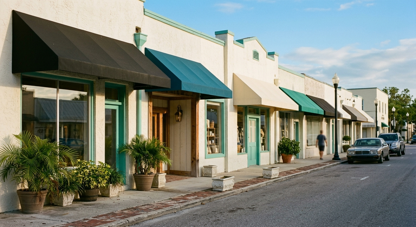 A row of awninged boutique storefronts along a warm-toned downtown block