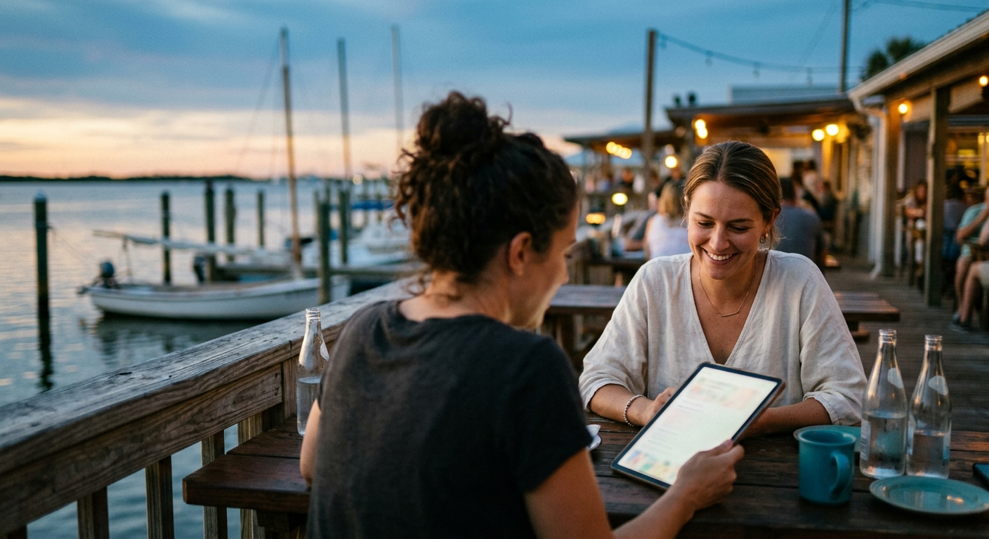 Two friends at a casual waterfront cafe table at dusk, docked boats beyond